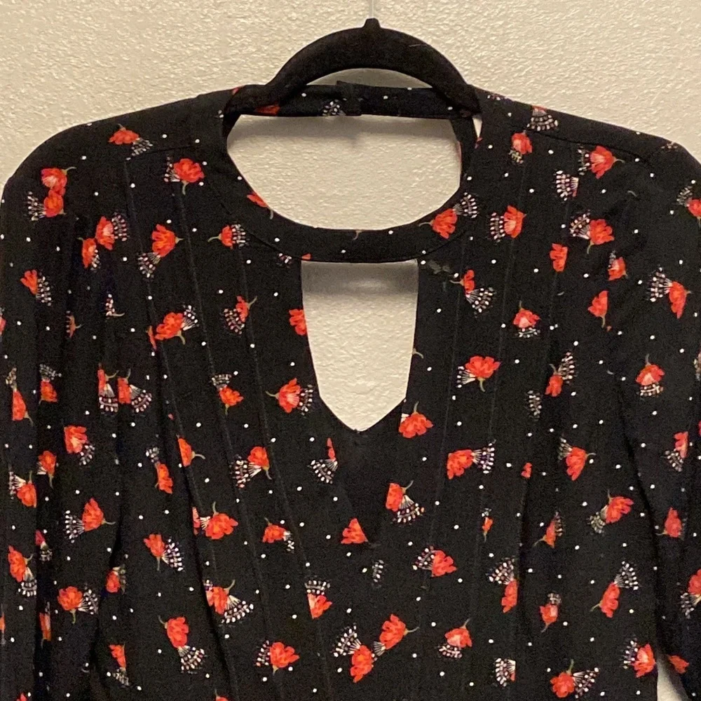 Free People Teagan Black Floral Deep V Neck Open Back Bell Sleeve Mini Dress